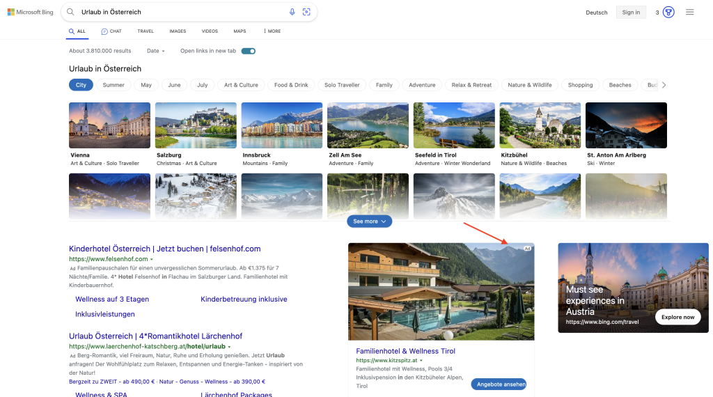 Urlaub in Österreich in Bing